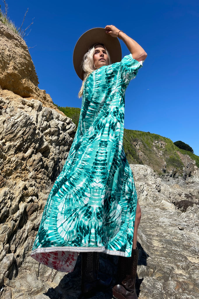 Kimono Ammonite Terra/Turquoise Unisex Réversible Long